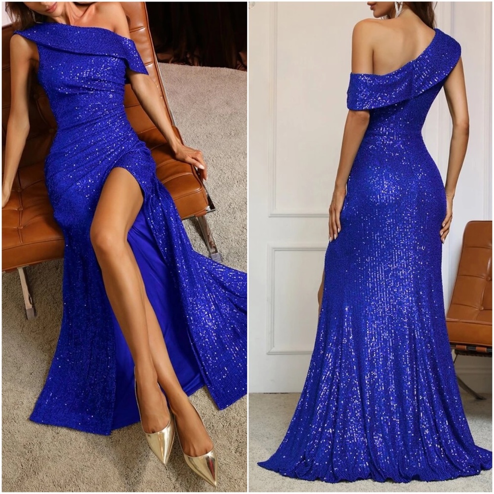 Luxe Burgundy Sequin Split Thigh One Shoulder Party Wedding Formal Dress - Picture 4 of 10